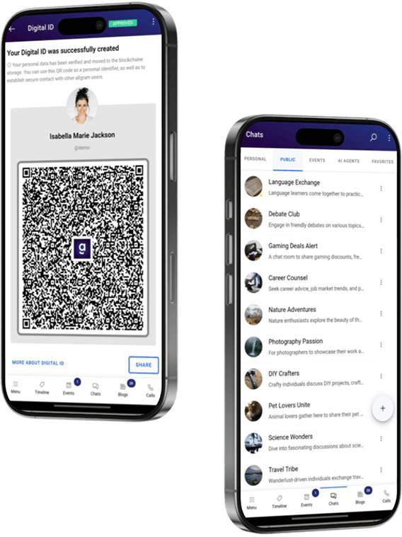 allgram Digital ID and Pods chats on iPhone